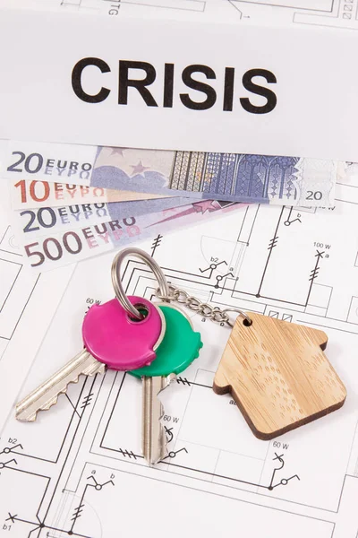 Chaves Com Forma Casa Moedas Euro Crise Inscrição Diagramas Construção — Fotografia de Stock