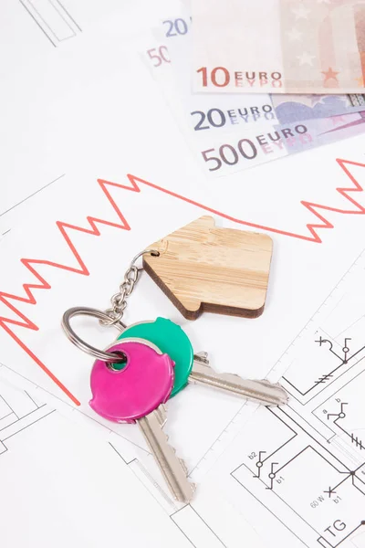 Keys Home Currencies Euro Downward Graphs Electrical Construction Diagrams Real — Stock Photo, Image