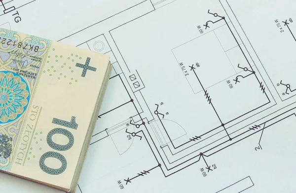 Polská Měna Peníze Elektrickou Výstavbu Kresba Domu Koncepce Stavebního Domu — Stock fotografie