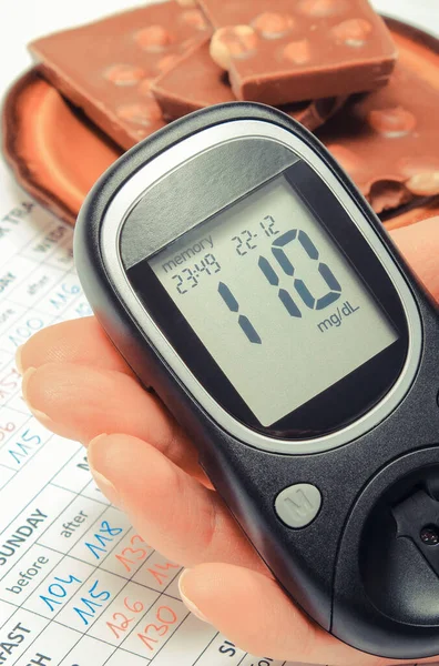 Glucometer Sugar Level Hand Portion Chocolate Medical Form Results Sugar — Stock Photo, Image