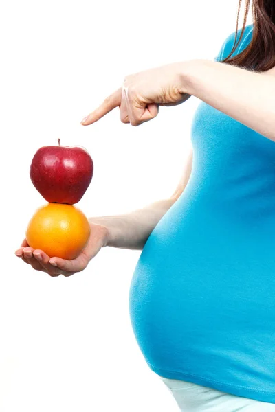 Zwangere Vrouw Met Verse Sinaasappel Appel Gezond Voedsel Voeding Tijdens — Stockfoto