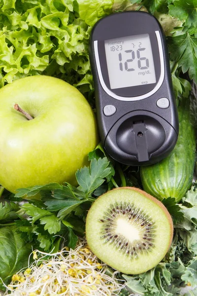 Glükométer Cukorszinttel Gyümölcsökkel Zöldségekkel Csírákkal Cukorbetegség Alatt Természetes Ásványi Anyagokat — Stock Fotó