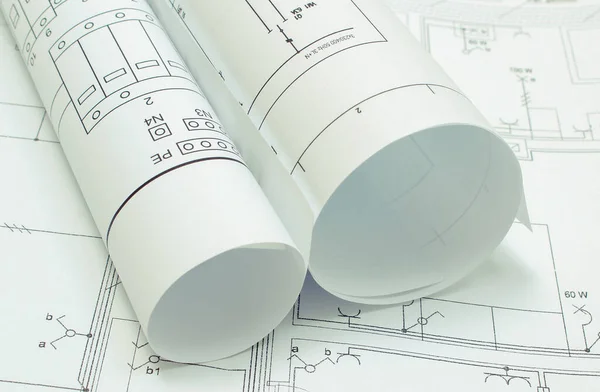 Rolled Electrical Diagrams Construction Drawing House Project Engineer Jobs — Stock Photo, Image
