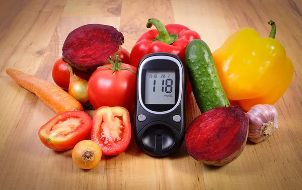 Glucosímetro Para Comprobar Medir Nivel Azúcar Las Verduras Frescas Maduras — Foto de Stock