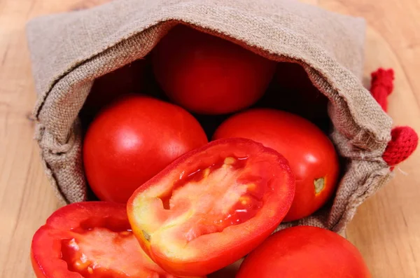 Tomates Fraîches Mûres Dans Sac Jute Concept Mode Vie Sain — Photo