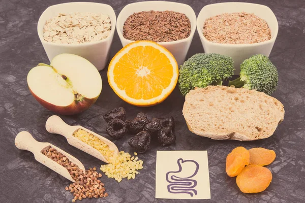 Products and ingredients as source natural vitamins and dietary fiber. Best food for problems with digestive system — Stock Image Products Ingredients Source Natural Vitamins Dietary Fiber Best Food Problems Stock Photo