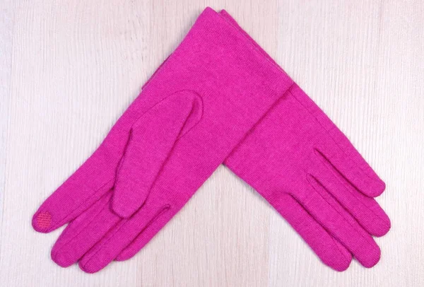 Womanly Pink Woolen Gloves Wooden Board Warm Clothing Autumn Winter — Stock Photo, Image