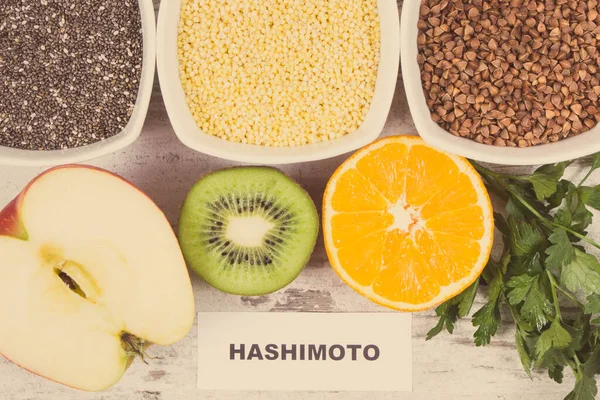 Iscrizione Hashimoto Con Benefico Nutriente Mangiare Ghiandola Tiroidea Ingredienti Sani — Foto Stock