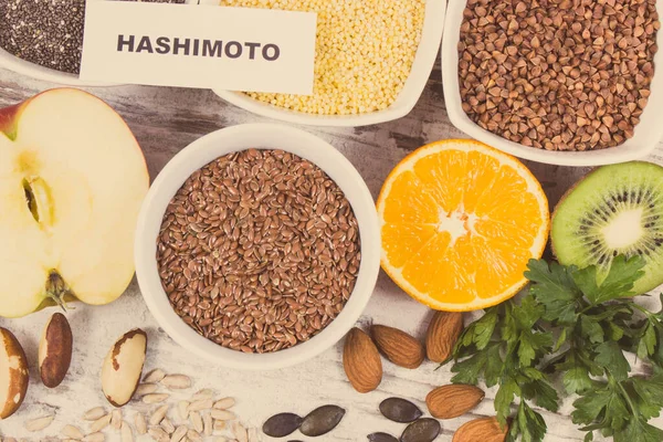 Iscrizione Hashimoto Con Benefico Nutriente Mangiare Ghiandola Tiroidea Ingredienti Sani — Foto Stock