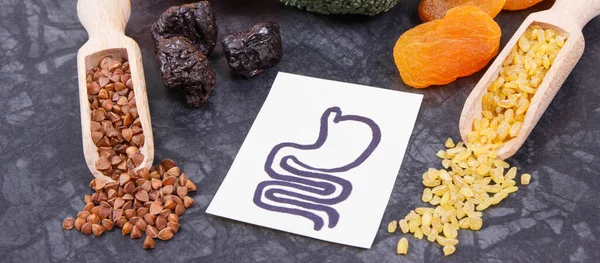 Products and ingredients as source natural vitamins and dietary fiber. Best nutritious food for problems with digestive system — Stock Image Products Ingredients Source Natural Vitamins Dietary Fiber Best Nutritious Food Stock Photo