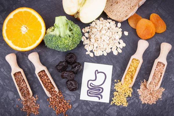 Products and ingredients as source natural vitamins and dietary fiber. Best nutritious food for problems with digestive system — Stock Image Products Ingredients Source Natural Vitamins Dietary Fiber Best Nutritious Food Stock Photo