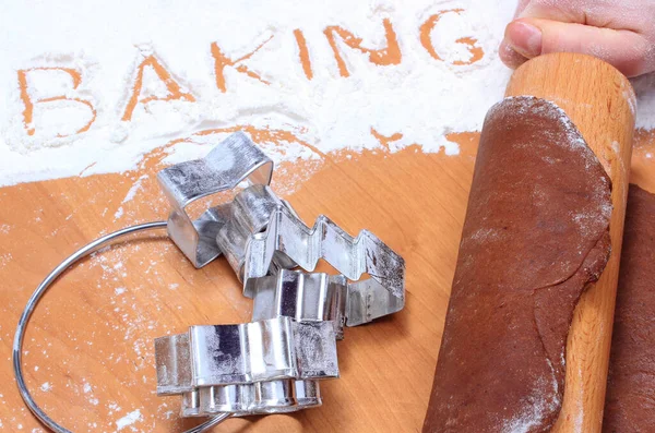 Hand Woman Rolling Pin Kneading Dough Gingerbread Other Festive Cookies — Stock Photo, Image