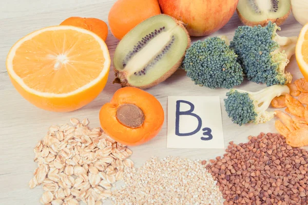 Výživné Přírodní Složky Obsahující Vitamín Vláknina Minerály Koncept Zdravé Výživy — Stock fotografie