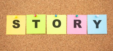 Mantar panoya yapıştırılmış harflerle çok renkli notlar..