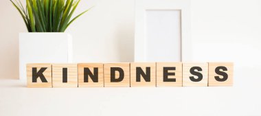 Beyaz bir masanın üzerinde harfler olan tahta küpler. Fotoğraf çerçevesi ve ev bitkisi olan beyaz arkaplan.