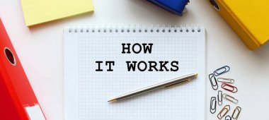 Beyaz bir arkaplanda, belge klasörünün ve ofis malzemelerinin yanında yazılı not defteri. İş konsepti.