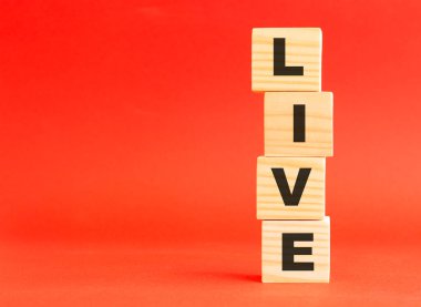 Harfli tahta küpler. Tasarım ve konseptin için. Kırmızı arka planda tahta küpler. Solda boş alan.