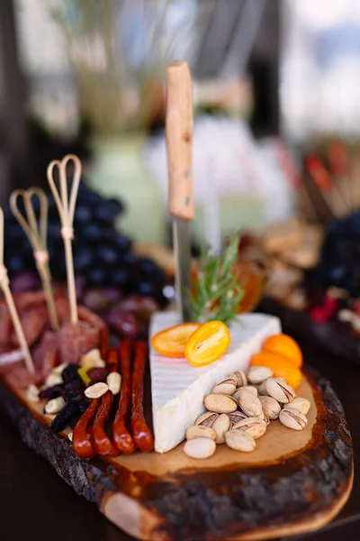 Appetizing Food Lies Wooden Shelf Cheese Nuts Much More Laid — Stock Photo, Image