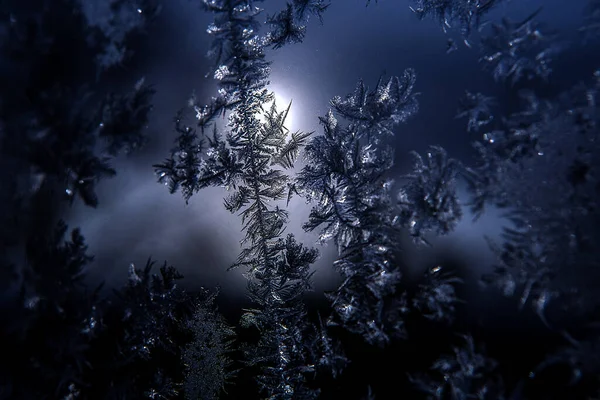 Muster Auf Glas Frostige Zeichnungen Winter Auf Einem Fenster Blaue — Stockfoto