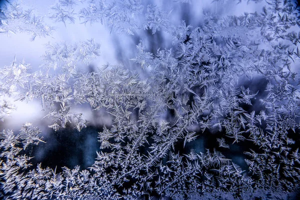 Modelli Vetro Disegni Gelidi Inverno Una Finestra Sfondo Blu Disegni — Foto Stock