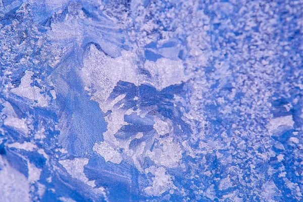 Muster Auf Glas Frostige Zeichnungen Winter Auf Einem Fenster Blaue — Stockfoto