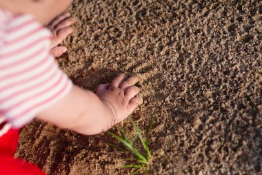  Küçük çocuk avucunu kumun üzerinde gezdiriyor, yukarıdan bakıyor., 