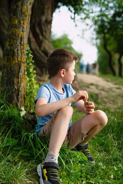 Niño Sentado Árbol Debajo Árbol Concepto Descanso Del Parque Imagen De Stock