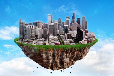 Fantezi yüzen ada Seattle cityscape hava bulutlu bir gökyüzü üzerinde yüzen ile.