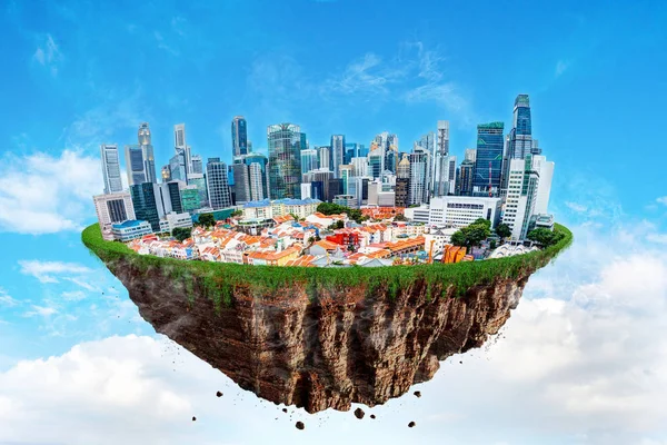 Fantasy Flytande Singapore Stadsbilden Svävar Luften Molnig Himmel — Stockfoto