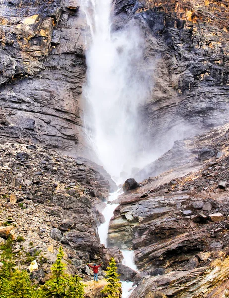 Людина Піднятими Стоїть Базі Takakkaw Водоспаду Національному Парку Його Біля — стокове фото