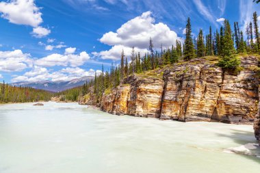 Athabasca Kanyon duvarları Athabasca Falls Jasper Milli Parkı'nda Alberta, Kanada Icefield Parkway üzerinde çarpıcı Nehri.