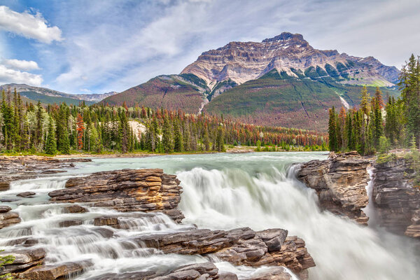 Athabasca Falls in Jasper National Park on the Icefields Parkway in Alberta, Canada, with Mount Kerkeslin in the background. A Class 5 waterfall, it is the most powerful waterfall in the Canadian Rockies.
