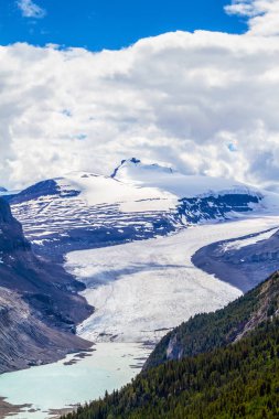 Vista Saskatchewan Parker Ridge Jasper Milli Parkı Kanada Rocky Dağları'Icefields Parkway üzerinde kret dan görüldüğü gibi Columbia Icefields akan buzulun süpürme. Mount Athabasca arka planda görülebilir.