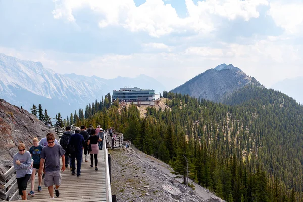 Banff, Kanada - 1 Ağustos 2018: Ziyaretçi ahşap tahta kükürt dağın tepesinde gondol Zirvesi ve panoramik dağ silsilesi içinde Kanada Rocky Dağları, Banff National Park Sanson'ın tepe arasında yürümek.