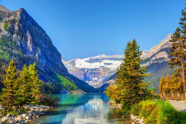 Çam ağaçları kıyısında Lake Louise Banff Ulusal Parkı'nda turkuaz göller buzul beslemeli ve Victoria buzul dağ içinde belgili tanımlık geçmiş.