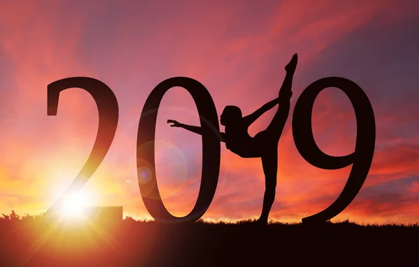 2019 Nieuwjaar Silhouet Van Een Meisje Dansen Het Uitoefenen Tijdens — Stockfoto