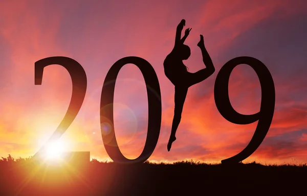 2019 Nieuwjaar Silhouet Van Een Meisje Dansen Het Uitoefenen Tijdens — Stockfoto