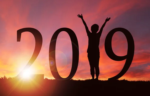 2019 New Year Silhouette Girl Hands Raised Golden Sunrise Sunset — Stock Photo, Image