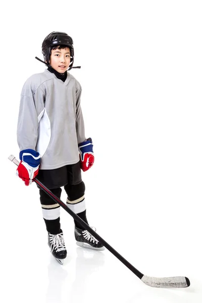 Portrait Joueur Junior Hockey Sur Glace Avec Tout Équipement Uniforme — Photo