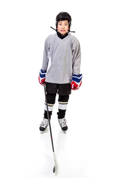 Retrato Jugador Hockey Sobre Hielo Junior Con Equipo Completo Uniforme — Foto de Stock