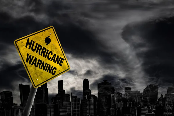 Hurricane Warning Sign Powerful Stormy Background City Silhouette Copy Space — Stock Photo, Image