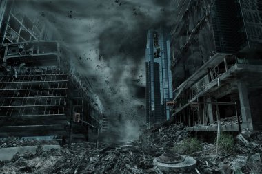 A cinematic portrayal of a city destroyed by a typhoon, hurricane or tornado twister. Concept of nature's destruction of a fictitious disaster scene. clipart