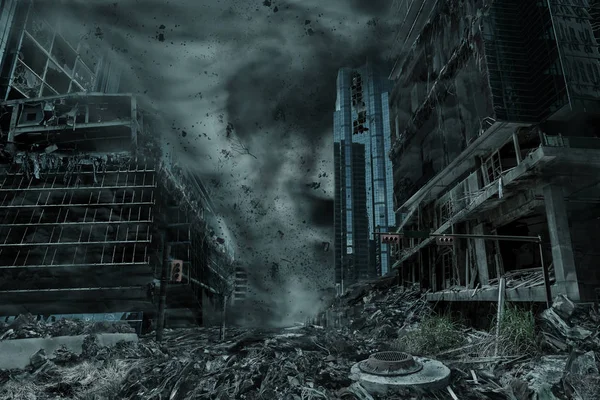 Cinematic Portrayal City Destroyed Typhoon Hurricane Tornado Twister Concept Nature — Stock Photo, Image