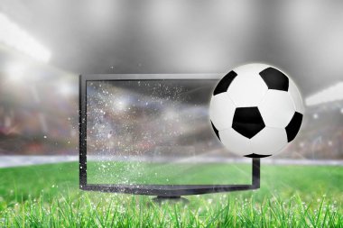 Soccer ball flying out of shattering TV screen in stadium with copy space. Concept of realistic 3D or 4D TV, virtual reality VR or computer gaming. clipart