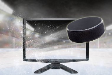 Hokey diski kopya alanı ile stadyumda yıkıcı Tv ekran dışında uçan. Kavram gerçekçi 3d veya 4 d spor Tv, sanal gerçeklik Vr ya da bilgisayar oyunları.