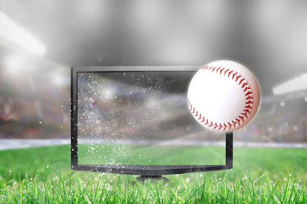 Baseball flying out of shattering TV screen in stadium with copy space. Concept of realistic 3D or 4D sports TV, virtual reality VR or computer gaming.