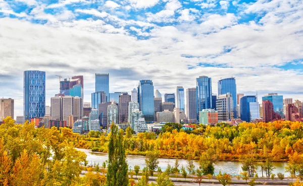 Calgary Centrum Skyline Podczas Upadku Lub Jesień Kolory Rzeki Łuk — Zdjęcie stockowe