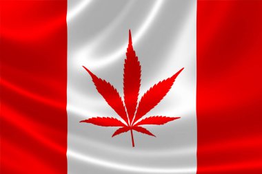 Esrar ile Kanada bayrağı 3D çizimi akçaağaç yaprağı yerine bitki. Kanada'da marihuana yasallaştırma 2018 kavramı.