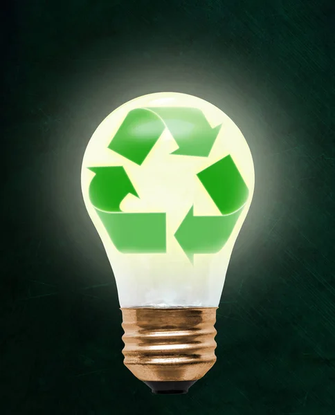 Recycling symbol inside floating light bulb with copy space. Concept of ecology, environmental conservation; green alternative.