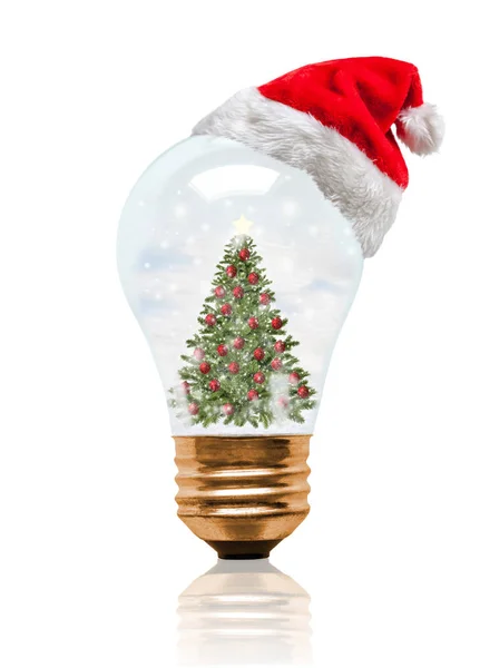 Snow Globe Light Bulb Wearing Santa Hat Decorated Christmas Tree — Stock Photo, Image